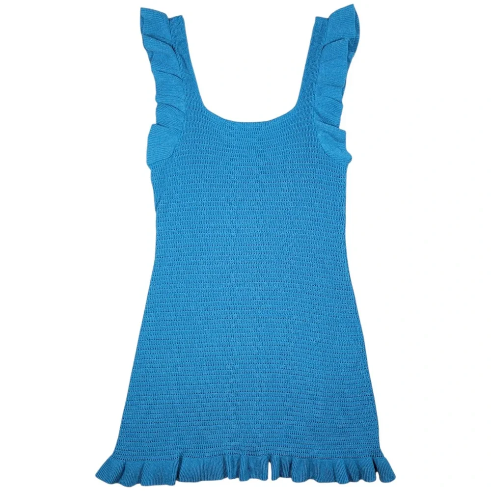Anthropologie Ruffled Pointelle Knit Mini Dress Womens M Blue Green Lined Summer